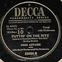 Puttin on the Ritz ----- Fred Astaire ----- 
Fred Astaire (Frederick Austerlitz) war ein berühmter amerikanischer Tänzer, Sänger und Schauspieler.<br>
Er gilt als Filmlegende, bekannt sind vor allem seine Tanz- bzw. Stepptanzeinlagen.<br>
"Puttin on the Ritz", ein Titel der wohl am ehesten dem Jazz zugeschrieben werden kann, stammt aus dem Jahr 1929 und wurde 1930 durch den gleichnamigen Film auf Schallplatte vererst richtig berühmt.<br>
Fred Astaire war 1930 nicht der erste Interpret dieses Titels, nein die erste Schallplattenaufnahme ist von Leo Reismann.<br>
Von diesem Song gibt es seit 1930 mehr als 30 Coverversionen, als erfolgreichste darf wohl die von dem niederländischen Sänger TACO bezeichnet werden, welcher von dieser Single im Jahr 1982 mehr als 500.000 Stück verkauft hat.<br>
Weitere Coverversionen gibt es von Benny Goodman, Robbie William, Heidi Brühl, Ella Fitzgerald, Judy Garland, Gene Wilder, Neil Diamond, Right Said Fred und den Leningrad Cowboys.<br>
