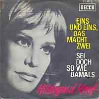 Eins und eins, das macht zwei ----- Hildegard Knef ----- "Eins und eins, das macht zwei" aus dem Jahr 1964 war eines der bekanntesten und erfolgreichsten Lieder der deutschen Schauspielerin und Sngerin Hildegard Knef (Hildegard Frieda Albertine Knef)<br>
Das Lied hat es bis auf Platz 27 in die deutschen Singlecharts geschafft und ist vom Erfolg her vergleichbar mit dem Lied "Macky Messer" aus dem Jahr 1963.<br>